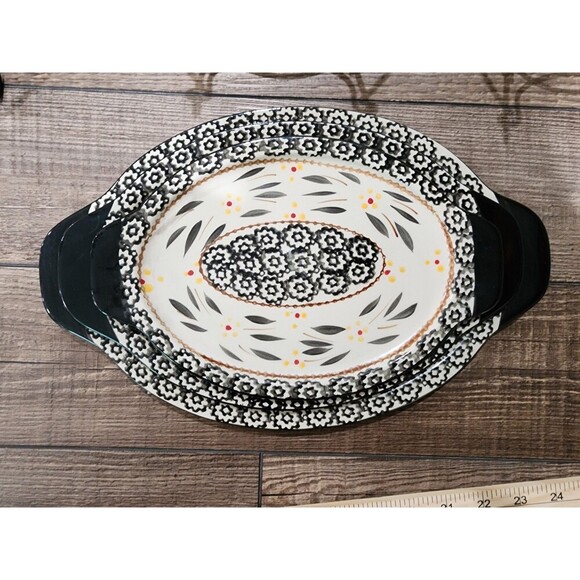 3 Temp-tations Old World Blue Ovenware Oval Platters w/ Wire Stand With Handles - Picture 6 of 12